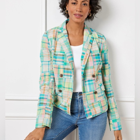 Talbots Double Breasted Madras Cropped Cotton Blazer Multicolor Pastel Size 2 - Picture 1 of 11